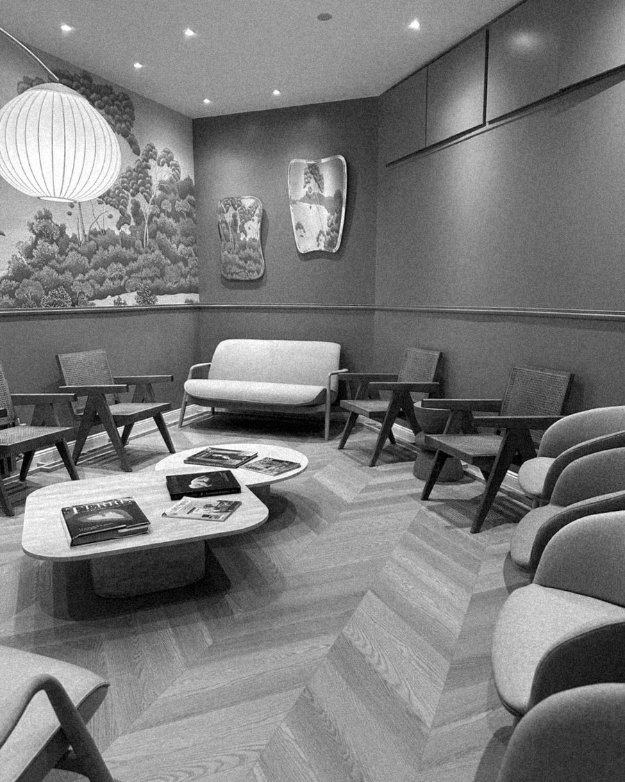 Le salon d'attente du cabinet du Dr Auroy, mobilier contemporain rive gauche